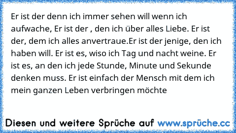 Er ist der denn ich immer sehen will wenn ich aufwache, Er ist der , den ich über alles Liebe. Er ist der, dem ich alles anvertraue.Er ist der jenige, den ich haben will. Er ist es, wiso ich Tag und nacht weine. Er ist es, an den ich jede Stunde, Minute und Sekunde denken muss. Er ist einfach der Mensch mit dem ich mein ganzen Leben verbringen möchte