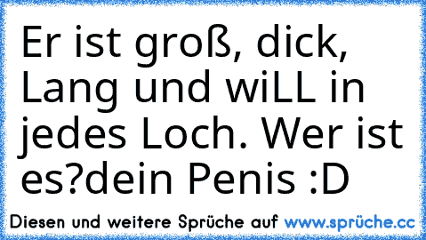 Er ist groß, dick, Lang und wiLL in jedes Loch. Wer ist es?
dein Penis :D