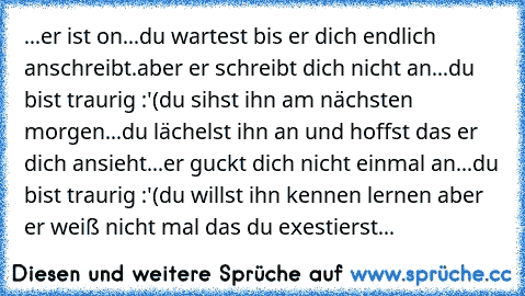 ...er ist on...
du wartest bis er dich endlich  anschreibt.
aber er schreibt dich nicht an...
du bist traurig :'(
du sihst ihn am nächsten morgen...
du lächelst ihn an und hoffst das er dich ansieht...
er guckt dich nicht einmal an...
du bist traurig :'(
du willst ihn kennen lernen aber er weiß nicht mal das du exestierst...