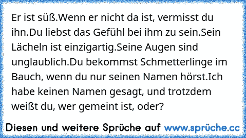 Er ist süß.
Wenn er nicht da ist, vermisst du ihn.
Du liebst das Gefühl bei ihm zu sein.
Sein Lächeln ist einzigartig.
Seine Augen sind unglaublich.
Du bekommst Schmetterlinge im Bauch, wenn du nur seinen Namen hörst.
Ich habe keinen Namen gesagt, und trotzdem weißt du, wer gemeint ist, oder?