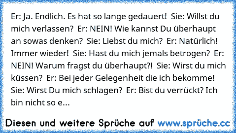 Er: Ja. Endlich. Es hat so lange gedauert!  Sie: Willst du mich verlassen?  Er: NEIN! Wie kannst Du überhaupt an sowas denken?  Sie: Liebst du mich?  Er: Natürlich! Immer wieder!  Sie: Hast du mich jemals betrogen?  Er: NEIN! Warum fragst du überhaupt?!  Sie: Wirst du mich küssen?  Er: Bei jeder Gelegenheit die ich bekomme!  Sie: Wirst Du mich schlagen?  Er: Bist du verrückt? Ich bin nicht so e...