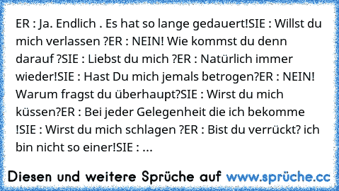 ER : Ja. Endlich . Es hat so lange gedauert!
SIE : Willst du mich verlassen ?
ER : NEIN! Wie kommst du denn darauf ?
SIE : Liebst du mich ?
ER : Natürlich immer wieder!
SIE : Hast Du mich jemals betrogen?
ER : NEIN! Warum fragst du überhaupt?
SIE : Wirst du mich küssen?
ER : Bei jeder Gelegenheit die ich bekomme !
SIE : Wirst du mich schlagen ?
ER : Bist du verrückt? ich bin nicht so einer!
SIE...