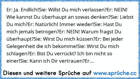 Er: Ja. Endlich!
Sie: Willst Du mich verlassen?
Er: NEIN! Wie kannst Du überhaupt an sowas denken?
Sie: Liebst Du mich?
Er: Natürlich! Immer wieder!
Sie: Hast Du mich jemals betrogen?
Er: NEIN! Warum fragst Du überhaupt?
Sie: Wirst Du mich küssen?
Er: Bei jeder Gelegenheit die ich bekomme!
Sie: Wirst Du mich schlagen?
Er: Bist Du verrückt? Ich bin nicht so einer!
Sie: Kann ich Dir vertrauen?
Er...