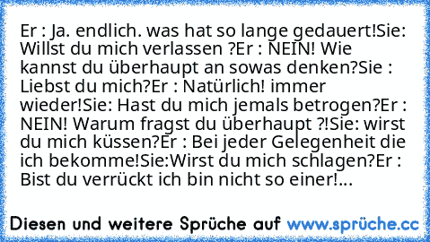 Er : Ja. endlich. was hat so lange gedauert!
Sie: Willst du mich verlassen ?
Er : NEIN! Wie kannst du überhaupt an sowas denken?
Sie : Liebst du mich?
Er : Natürlich! immer wieder!
Sie: Hast du mich jemals betrogen?
Er : NEIN! Warum fragst du überhaupt ?!
Sie: wirst du mich küssen?
Er : Bei jeder Gelegenheit die ich bekomme!
Sie:Wirst du mich schlagen?
Er : Bist du verrückt ich bin nicht so ein...