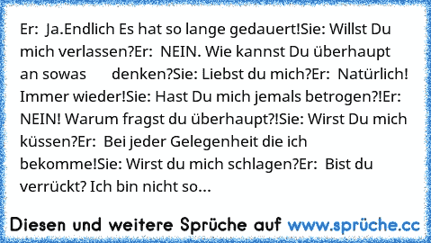 Er:  Ja.Endlich Es hat so lange gedauert!
Sie: Willst Du mich verlassen?
Er:  NEIN. Wie kannst Du überhaupt an sowas
       denken?
Sie: Liebst du mich?
Er:  Natürlich! Immer wieder!
Sie: Hast Du mich jemals betrogen?!
Er:  NEIN! Warum fragst du überhaupt?!
Sie: Wirst Du mich küssen?
Er:  Bei jeder Gelegenheit die ich bekomme!
Sie: Wirst du mich schlagen?
Er:  Bist du verrückt? Ich bin nicht so...