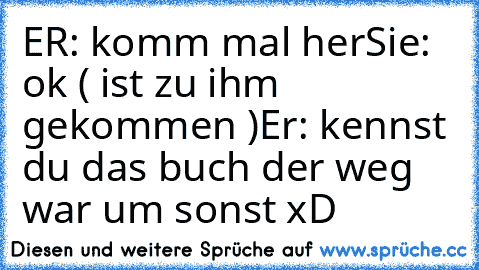 ER: komm mal her
Sie: ok ( ist zu ihm gekommen )
Er: kennst du das buch der weg war um sonst xD