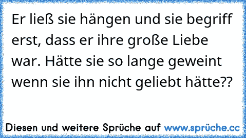 Er ließ sie hängen und sie begriff erst, dass er ihre große Liebe war. Hätte sie so lange geweint wenn sie ihn nicht geliebt hätte??