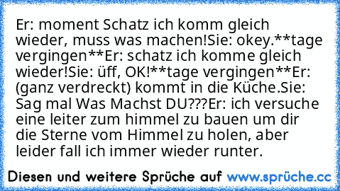 Er: moment Schatz ich komm gleich wieder, muss was machen!
Sie: okey.
**tage vergingen**
Er: schatz ich komme gleich wieder!
Sie: üff, OK!
**tage vergingen**
Er: (ganz verdreckt) kommt in die Küche.
Sie: Sag mal Was Machst DU???
Er: ich versuche eine leiter zum himmel zu bauen um dir die Sterne vom Himmel zu holen, aber leider fall ich immer wieder runter.