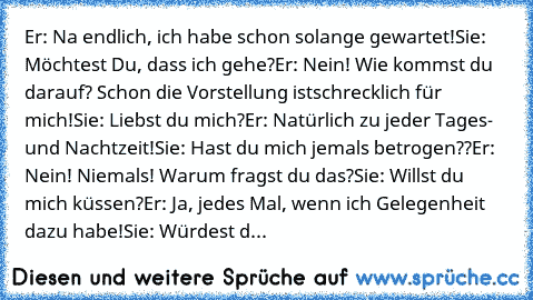 Er: Na endlich, ich habe schon solange gewartet!
Sie: Möchtest Du, dass ich gehe?
Er: Nein! Wie kommst du darauf? Schon die Vorstellung ist
schrecklich für mich!
Sie: Liebst du mich?
Er: Natürlich zu jeder Tages- und Nachtzeit!
Sie: Hast du mich jemals betrogen??
Er: Nein! Niemals! Warum fragst du das?
Sie: Willst du mich küssen?
Er: Ja, jedes Mal, wenn ich Gelegenheit dazu habe!
Sie: Würdest d...