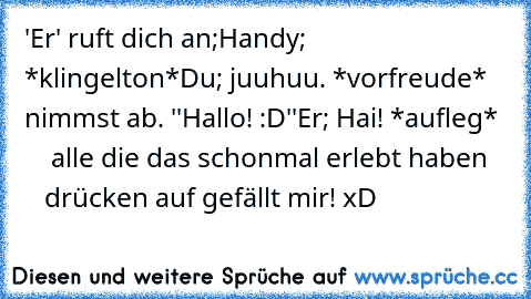 'Er' ruft dich an;
Handy; *klingelton*
Du; juuhuu. *vorfreude* nimmst ab. ''Hallo! :D''
Er; Hai! *aufleg*
      alle die das schonmal erlebt haben
      drücken auf gefällt mir! xD