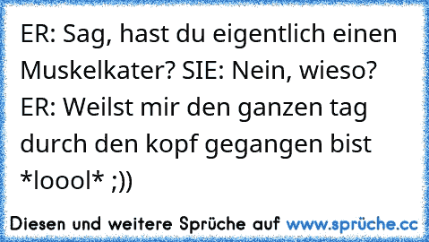 ER: Sag, hast du eigentlich einen Muskelkater? SIE: Nein, wieso? ER: Weilst mir den ganzen tag  durch den kopf gegangen bist *loool* ;))