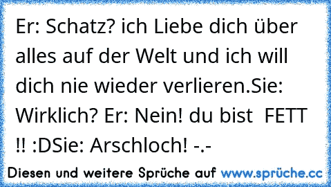 Er: Schatz? ich Liebe dich über alles auf der Welt und ich will dich nie wieder verlieren.
Sie: Wirklich? 
Er: Nein! du bist  FETT !! :D
Sie: Arschloch! -.-