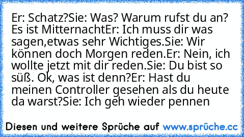 Er: Schatz?
Sie: Was? Warum rufst du an? Es ist Mitternacht…
Er: Ich muss dir was sagen,etwas sehr Wichtiges.
Sie: Wir können doch Morgen reden.
Er: Nein, ich wollte jetzt mit dir reden.
…Sie: Du bist so süß. Ok, was ist denn?
Er: Hast du meinen Controller gesehen als du heute da warst?
Sie: Ich geh wieder pennen