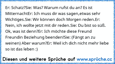 Er: Schatz?
Sie: Was? Warum rufst du an? Es ist Mitternacht…
Er: Ich muss dir was sagen,etwas sehr Wichtiges.
Sie: Wir können doch Morgen reden.
Er: Nein, ich wollte jetzt mit dir reden.
Sie: Du bist so süß. Ok, was ist denn?
Er: Ich möchte diese ‘Freund – Freundin’ Beziehung beenden!
Sie: (Fängt an zu weinen) Aber warum?
Er: Weil ich dich nicht mehr liebe 
so ist das leben :)