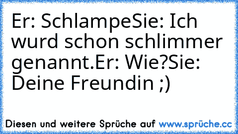 Er: Schlampe
Sie: Ich wurd schon schlimmer genannt.
Er: Wie?
Sie: Deine Freundin ;)