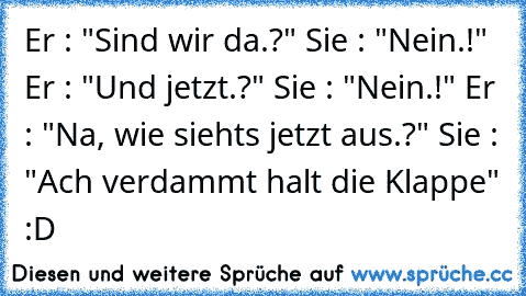 Er : "Sind wir da.?" Sie : "Nein.!" Er : "Und jetzt.?" Sie : "Nein.!" Er : "Na, wie siehts jetzt aus.?" Sie : "Ach verdammt halt die Klappe" :D