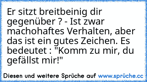 Er sitzt breitbeinig dir gegenüber ? - Ist zwar machohaftes Verhalten, aber das ist ein gutes Zeichen. Es bedeutet : "Komm zu mir, du gefällst mir!"