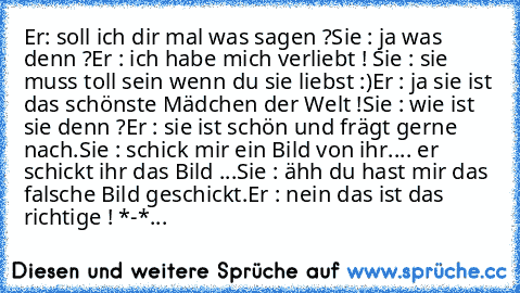 Er: soll ich dir mal was sagen ?
Sie : ja was denn ?
Er : ich habe mich verliebt ! ♥
Sie : sie muss toll sein wenn du sie liebst :)
Er : ja sie ist das schönste Mädchen der Welt !
Sie : wie ist sie denn ?
Er : sie ist schön und frägt gerne nach.
Sie : schick mir ein Bild von ihr.
... er schickt ihr das Bild ...
Sie : ähh du hast mir das falsche Bild geschickt.
Er : nein das ist das richtige ! *...