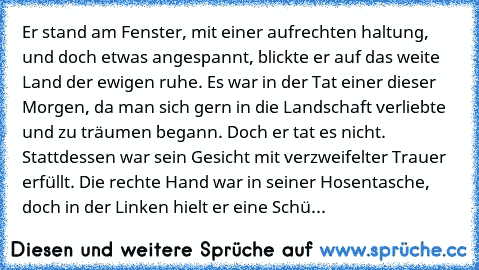 Er stand am Fenster, mit einer aufrechten haltung, und doch etwas angespannt, blickte er auf das weite Land der ewigen ruhe. Es war in der Tat einer dieser Morgen, da man sich gern in die Landschaft verliebte und zu träumen begann. Doch er tat es nicht. Stattdessen war sein Gesicht mit verzweifelter Trauer erfüllt. Die rechte Hand war in seiner Hosentasche, doch in der Linken hielt er eine Schüsse...