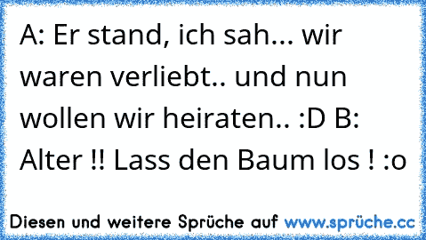 A: Er stand, ich sah... wir waren verliebt.. und nun wollen wir heiraten.. :D 
B: Alter !! Lass den Baum los ! :o