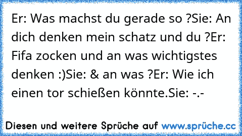 Er: Was machst du gerade so ?
Sie: An dich denken mein schatz und du ?
Er: Fifa zocken und an was wichtigstes denken :)
Sie: & an was ?
Er: Wie ich einen tor schießen könnte.
Sie: -.-