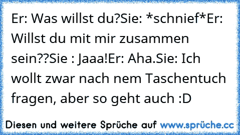 Er: Was willst du?
Sie: *schnief*
Er: Willst du mit mir zusammen sein??
Sie : Jaaa!
Er: Aha.
Sie: Ich wollt zwar nach nem Taschentuch fragen, aber so geht auch :D