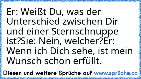 Er: Weißt Du, was der Unterschied zwischen Dir und einer Sternschnuppe ist?
Sie: Nein, welcher?
Er: Wenn ich Dich sehe, ist mein Wunsch schon erfüllt. ♥