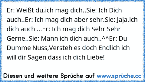 Er: Weißt du,ich mag dich..
Sie: Ich Dich auch..
Er: Ich mag dich aber sehr.♥
Sie: Jaja,ich dich auch ...
Er: Ich mag dich Sehr Sehr Gerne..
Sie: Mann ich dich auch..^^
Er: Du Dumme Nuss,Versteh es doch Endlich ich will dir Sagen dass ich dich Liebe!