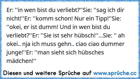 Er: ''in wen bist du verliebt?''
Sie: ''sag ich dir nicht!''
Er: ''komm schon! Nur ein Tipp!''
Sie: ''okei, er ist dumm! Und in wen bist du verliebt?''
Er: ''Sie ist sehr hübsch!''
...Sie: '' ah okei.. nja ich muss gehn.. ciao ciao dummer junge!''
Er: ''man sieht sich hübsches mädchen!'' ♥