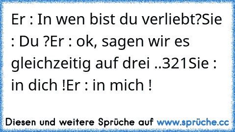 Er : In wen bist du verliebt?
Sie : Du ?
Er : ok, sagen wir es gleichzeitig auf drei ..
3
2
1
Sie : in dich !
Er : in mich !