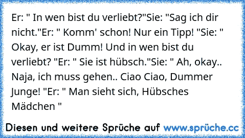 Er: " In wen bist du verliebt?"
Sie: "Sag ich dir nicht."
Er: " Komm' schon! Nur ein Tipp! "
Sie: " Okay, er ist Dumm! Und in wen bist du verliebt? "
Er: " Sie ist hübsch."
Sie: " Ah, okay.. Naja, ich muss gehen.. Ciao Ciao, Dummer Junge! "
Er: " Man sieht sich, Hübsches Mädchen " ♥