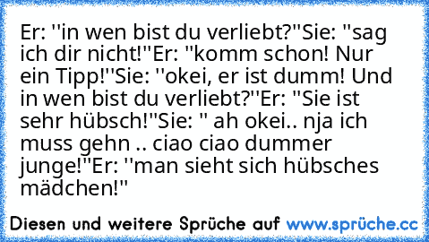 Er: ''in wen bist du verliebt?''
Sie: ''sag ich dir nicht!''
Er: ''komm schon! Nur ein Tipp!''
Sie: ''okei, er ist dumm! Und in wen bist du verliebt?''
Er: ''Sie ist sehr hübsch!''
Sie: '' ah okei.. nja ich muss gehn .. ciao ciao dummer junge!''
Er: ''man sieht sich hübsches mädchen!''