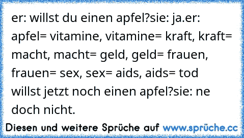 er: willst du einen apfel?
sie: ja.
er: apfel= vitamine, vitamine= kraft, kraft= macht, macht= geld, geld= frauen, frauen= sex, sex= aids, aids= tod  willst jetzt noch einen apfel?
sie: ne doch nicht.