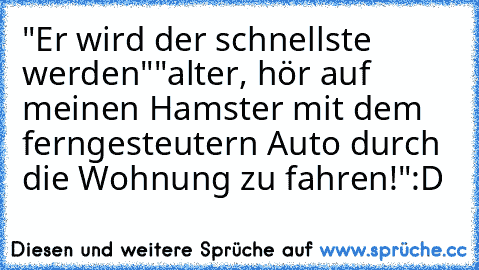 "Er wird der schnellste werden"
"alter, hör auf meinen Hamster mit dem ferngesteutern Auto durch die Wohnung zu fahren!"
:D