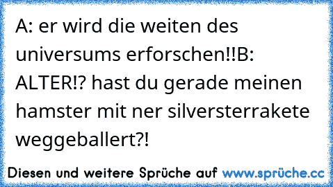 A: er wird die weiten des universums erforschen!!
B: ALTER!? hast du gerade meinen hamster mit ner silversterrakete weggeballert?!