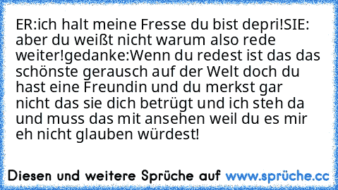 ER:ich halt meine Fresse du bist depri!
SIE: aber du weißt nicht warum also rede weiter!
gedanke:Wenn du redest ist das das schönste gerausch auf der Welt doch du hast eine Freundin und du merkst gar nicht das sie dich betrügt und ich steh da und muss das mit ansehen weil du es mir eh nicht glauben würdest!