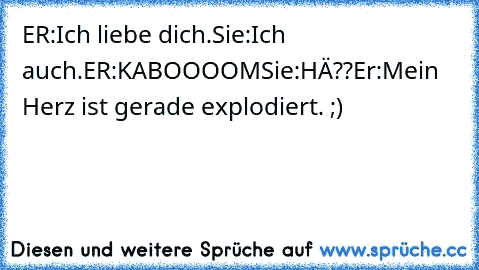 ER:Ich liebe dich.
Sie:Ich auch.
ER:KABOOOOM
Sie:HÄ??
Er:Mein Herz ist gerade explodiert. ;)