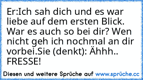 Er:Ich sah dich und es war liebe auf dem ersten Blick. War es auch so bei dir? Wen nicht geh ich nochmal an dir vorbei.
Sie (denkt): Ähhh.. FRESSE!