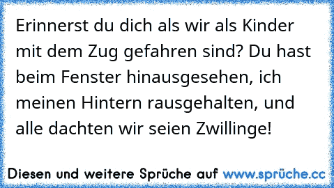 Erinnerst du dich als wir als Kinder mit dem Zug gefahren sind? Du hast beim Fenster hinausgesehen, ich meinen Hintern rausgehalten, und alle dachten wir seien Zwillinge!