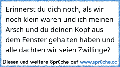 Erinnerst du dich noch, als wir noch klein waren und ich meinen Arsch und du deinen Kopf aus dem Fenster gehalten haben und alle dachten wir seien Zwillinge?