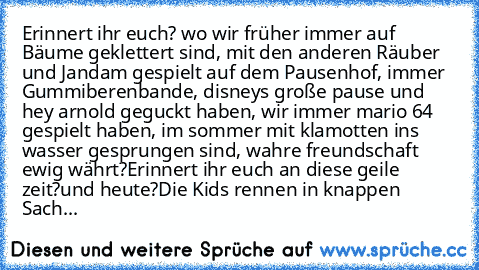 Erinnert ihr euch? wo wir früher immer auf Bäume geklettert sind, mit den anderen Räuber und Jandam gespielt auf dem Pausenhof, immer Gummiberenbande, disneys große pause und hey arnold geguckt haben, wir immer mario 64 gespielt haben, im sommer mit klamotten ins wasser gesprungen sind, wahre freundschaft ewig währt?
Erinnert ihr euch an diese geile zeit?
und heute?
Die Kids rennen in knappen S...