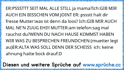 ER:PSSSTTT SEIT MAL ALLE STILL ja mama?Ich:GIB MIR AUCH EIN BISSCHEN VOM JOINT ER: pssstt halt dir fresse Mutter:was ist denn da loos? Ich:GIB MIR AUCH MAL NE'N ZUUG EHI!! MUTTER:am telefon:sag mal rauchst du?WENN DU NACH HAUSE KOMMST HABEN WIR WAS ZU BESPRECHEN FREUNDCHEN:(muetter legt au)ER:ALTA WAS SOLL DENN DER SCHEISS  ich: keine ahnung hatte bock drauf:D