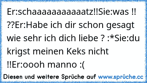 Er:schaaaaaaaaaaatz!!
Sie:was !! ??
Er:Habe ich dir schon gesagt wie sehr ich dich liebe ? :*
Sie:du krigst meinen Keks nicht !!
Er:oooh manno :(