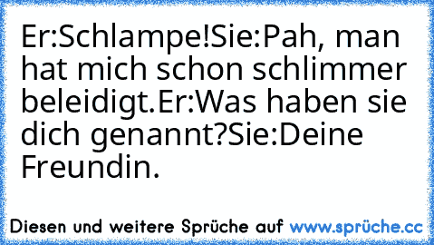 Er:Schlampe!
Sie:Pah, man hat mich schon schlimmer beleidigt.
Er:Was haben sie dich genannt?
Sie:Deine Freundin.