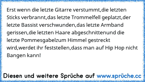 Erst wenn die letzte Gitarre verstummt,
die letzten Sticks verbrannt,
das letzte Trommelfell geplatzt,
der letzte Bassist verschwunden,
das letzte Armband gerissen,
die letzten Haare abgeschnitten
und die letzte Pommesgabel
zum Himmel gestreckt wird,
werdet ihr feststellen,
dass man auf Hip Hop nicht Bangen kann!