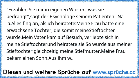 "Erzählen Sie mir in eigenen Worten, was sie bedrängt",
sagt der Psychologe seinem Patienten.
"Na ja.
Alles fing an, als ich heiratete:
Meine Frau hatte eine erwachsene Tochter, die somit meine
Stieftochter wurde.
Mein Vater kam auf Besuch, verliebte sich in meine Stieftochter
und heiratete sie.
So wurde aus meiner Stieftochter gleichzeitig meine Stiefmutter.
Meine Frau bekam einen Sohn.
Aus ih...