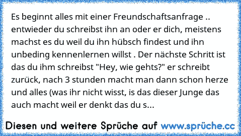 Es beginnt alles mit einer Freundschaftsanfrage .. entwieder du schreibst ihn an oder er dich, meistens machst es du weil du ihn hübsch findest und ihn unbeding kennenlernen willst . Der nächste Schritt ist das du ihm schreibst "Hey, wie gehts?" er schreibt zurück, nach 3 stunden macht man dann schon herze und alles (was ihr nicht wisst, is das dieser Junge das auch macht weil er denkt das du s...