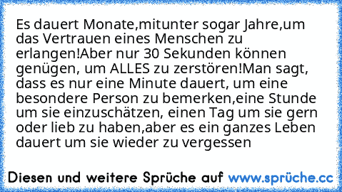 Es dauert Monate,
mitunter sogar Jahre,
um das Vertrauen eines Menschen zu erlangen!
Aber nur 30 Sekunden können genügen, um ALLES zu zerstören!
Man sagt, dass es nur eine Minute dauert, um eine besondere Person zu bemerken,
eine Stunde um sie einzuschätzen, einen Tag um sie gern oder lieb zu haben,
aber es ein ganzes Leben dauert um sie wieder zu vergessen