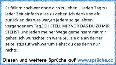 Es fällt mir schwer ohne dich zu leben....jeden Tag zu jeder Zeit einfach alles zu geben,
Ich denke so oft zurück an das was war,an jedem so geliebten vergangenem Tag.
ICH STELL MIR VOR DAS DU ZU MIR STEHST.
und jeden meiner Wege gemeinsam mit mir gehst!!
Ich wünschte ich wäre SIE. sie die an deiner seite ist
Es tut weh,warum siehst du das denn nur nicht!!!