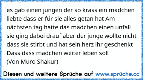 es gab einen jungen der so krass ein mädchen liebte dass er für sie alles getan hat Am nächsten tag hatte das mädchen einen unfall sie ging dabei drauf aber der junge wollte nicht dass sie stirbt und hat sein herz ihr geschenkt Dass dass mädchen weiter leben soll               (Von Muro Shakur)